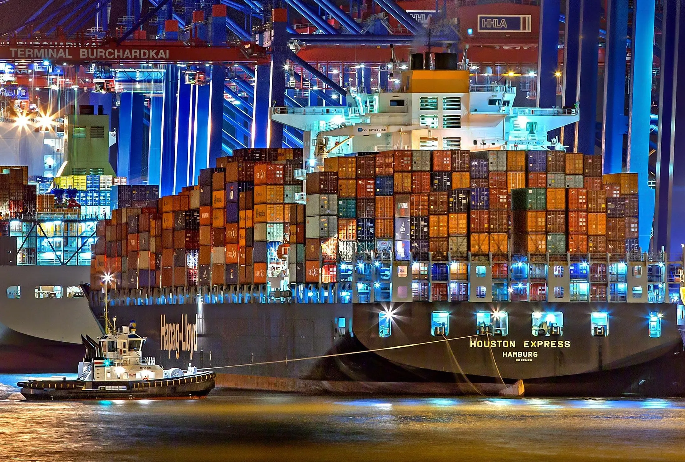 Container ships docked at a terminal under lit gantry cranes at night