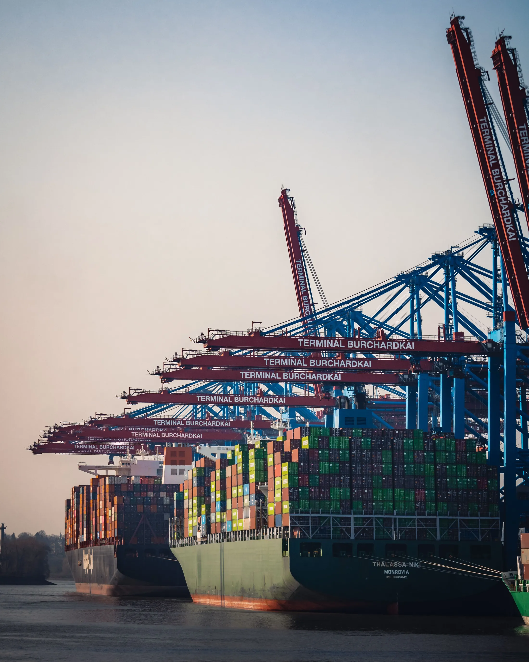 Row of gantry cranes at a container terminal at dusk